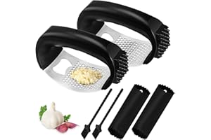 EACHPT Lot de 2 presse-ail à bascule en acier inoxydable avec éplucheur d'ail en silicone et brosse de nettoyage, facile à utiliser et à nettoyer, passe au lave-vaisselle