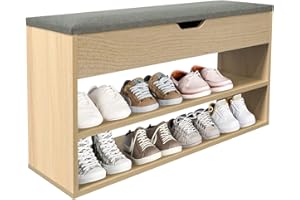 HAODACULTURE Banco de zapatos, banco de almacenamiento de zapatos con 2 estantes 1 cajón cojín acolchado cómoda para zapatos, banco de almacenamiento para pasillo, entrada, dormitorio, 80 x 24 x 44 cm (Wood Color)