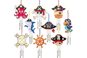 WEDNOK 9 Pack Wind Chime Kit for Kids Make Your Own Pirate Wind Chime Wooden Arts and Crafts for Girls Boys DIY Coloring Pirate Craft for Art Projects Pirate Birthday Party Decoration