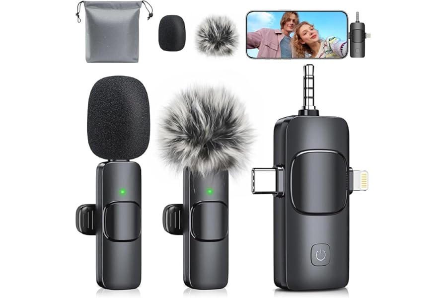 MENERESAS Wireless Lavalier Microphone 3-in-1 Mini Mic : Noise Reduction for iPhone Android Camera, Professional Crystal Sound for Video Recording YouTube TikTok