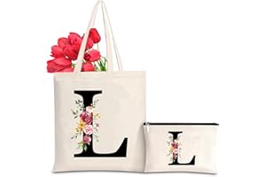 SINEKONG Płócienna torba z inicjałem kwiatowym, torba na tote bag, spersonalizowana, idealna na ślub, urodziny, plażę, wakacje, idealny prezent dla kobiet przyjaciół