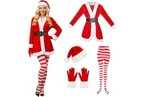 HarnyLoom Disfraz Navidad Mujer Chaqueta Roja Papá Noel Mama Noel Abrigo Pantalones Gorro Guantes Cinturón Cosplay Fiesta Regalo