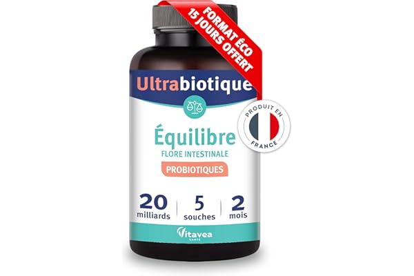 Vitavea Ultrabiotique - Probiotique Flore Intestinale, Equilibre du Microbiote, Digestion - Ferments Lactiques - Lactobacillus & Bifidobacterium - 5 souches - 60 gélules - 2 mois-Fabriqué en France