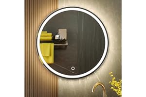 KWW 600 mm LED Bathroom Mirror, Fácil de Instalar Espejo de mMaquillaje Redondo, Temperatura de Color Ajustable, Luz antiniebla, Espejo Montado en La Pared con Botón Táctil Inteligente
