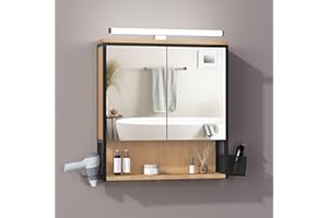 ‎EUGAD EUGAD Spiegelschrank Bad mit Beleuchtung, Badezimmerschrank mit Spiegel, Badschrank hängend, mit Verstellbarer Ablage Halter Korb, aus Metall MDF, schwarz + helle Eiche