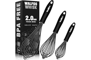 Walfos Silicone Whisk, Stainless Steel Wire Whisk Set of 3 -Heat Resistant Kitchen Whisks for Non-stick Cookware, Balloon Egg Beater Perfect for Blending, Whisking, Beating, Frothing & Stirring, Black