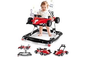 DREAMADE Lauflernhilfe, 4 in 1 Autoförmiger Lauflernwagen mit einstellbarer Geschwindigkeit, Musik & Licht, Babywalker Höhenverstellbar & Klappbar, Gehfrei Baby ab 6 Monate (Modell 2-Rot)