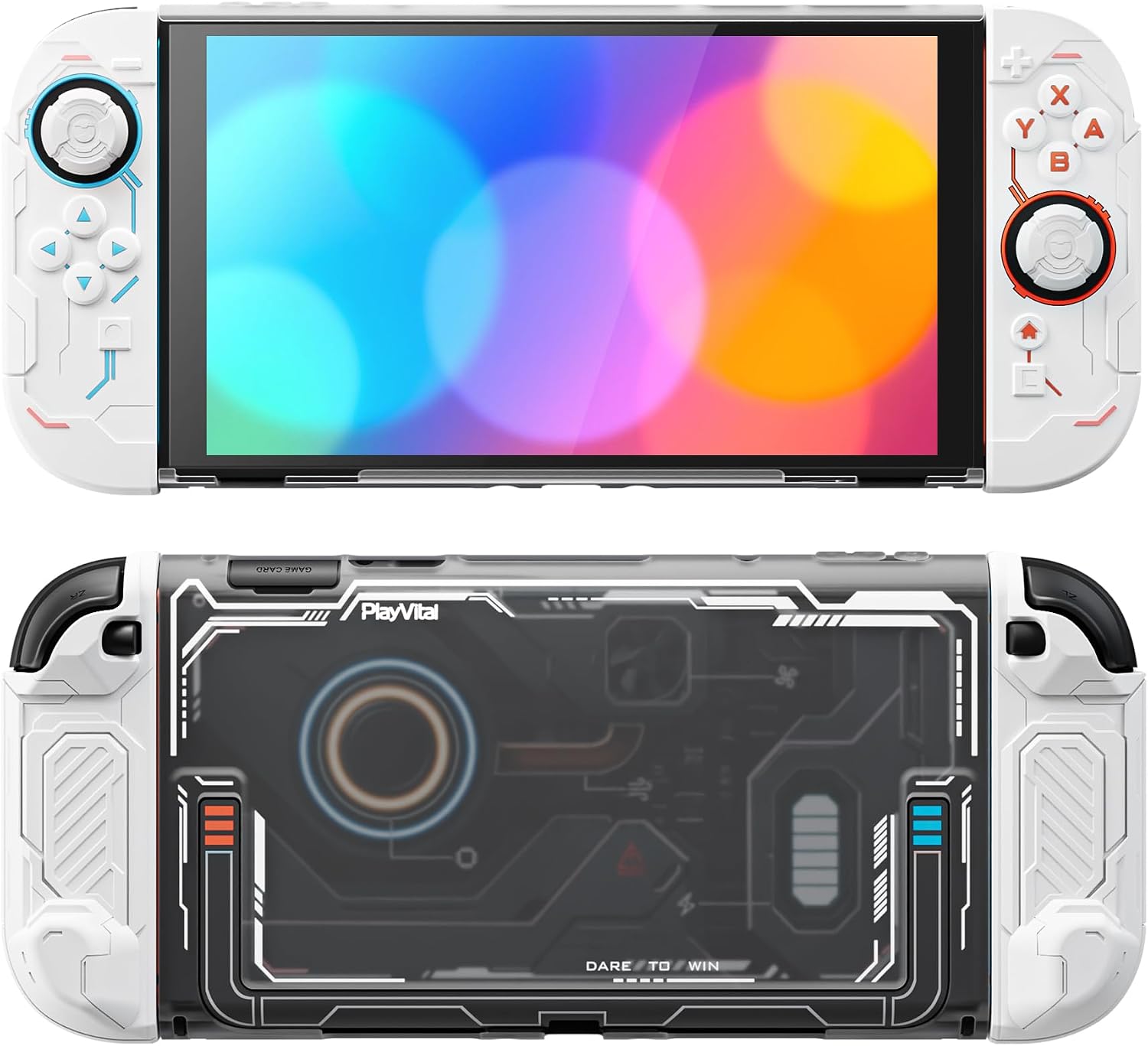 PlayVital Funda Protectora para Nintendo Switch 2, Carcasa Rígida Dockable con Grips de Silicona Antideslizante y Ergonómica, Incluye Tapas para Joystick y Pegatina - Stellar Mecha (Blanco)