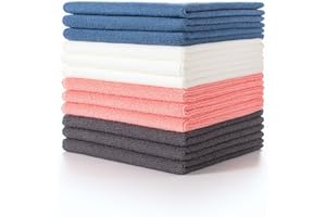 Lumimi Cleaning Cloth 12 Piece Microfiber Ultrafine Very Thick Wiping Drying Well Durable Reusable Multicolored Size 15" x 15" Blue Red White Grey, Pack of 12