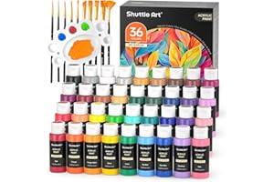 ‎SHUTTLE ART Shuttle Art Acrylfarben Set, 36 Acryl farben in Flaschen (je 60ml) mit 12 Pinselset & 1 Palette, ungiftig, Acrylfarbe wasserfest für Künstler, Anfänger, Erwachsene auf Leinwand, Steine, Holz geeignet
