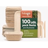 HAAGO Palm Leaf Disposable Tableware, 100 Pieces for 20 People &ndash; 20 Square Plates 22 cm, 20 Bowls 450 ml and 60 Wooden Cutler
