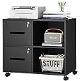 YITAHOME Steel Mobile Filing Cabinets With 2 Drawers, Lockable Lateral File Cabinet with 2 Open Storage Shelves, Printer Stand with Wheels for Letter/Legal/A4 Home Office, Black, 80 x 76 x 50cm