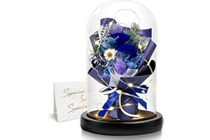 DINGHENG Geschenk für Frauen, Ewige Rose im Glas mit LED, Blaue Rose Blumenstrauß, Dekoration für Zuhause, Langlebige Echte Blumen für Mama, Freundin, Ehefrau, Oma (Blau)