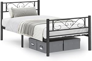VASAGLE Cadre de Lit 90 x 190 avec Sommier Métal, Lit 1 Personne, en Métal, Montage Facile, pour Petits Espaces, Chambre d’Amis, Chambre Ado, Noir d'encre RMB061B01