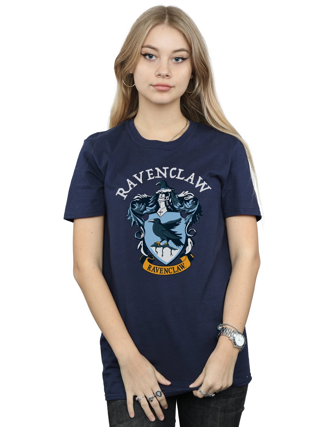 Absolute-Cult-Harry-Potter-Damen-Ravenclaw-Crest-Boyfriend-Fit-T-Shirt-Navy-Blau-Small