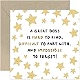 Old English Co. Fun Stars Leaving Card for Boss - 'Impossible To Forget' Leaving Card for Him or Her from Work Team - Thank You Good Luck Retirement Card for Boss | Blank Inside with Envelope