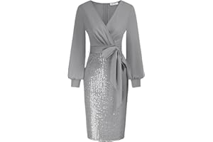 GRACE KARIN Mujer Vestido Lentejuelas Elegante de Cuello V Manga Larga Cintura Alta con Cinturón