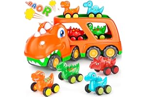 Aoskie 5 in 1 Dinosaurios Camión Juguete con Sonido y Luces, Tirar de los Coches Juguetes para Niños Bebe 2 3 4 años