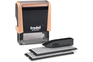 Tampon encreur personnalisable Trodat Printy 4912 Typomatic Pèche Pastel – 4 lignes de texte à composer soi-même – encrage automatique – encre noire fournie – plaque de composition et pince fournies