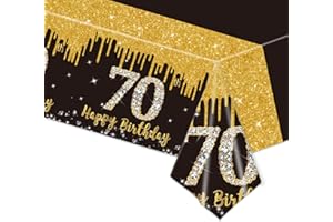 POPOYU 137x274cm Tischdecken 70. Geburtstag,Schwarz Gold 70. Geburtstagsfeier Tischdecke,Happy 70th Birthday Tischdecke Abwischbar Kunststoff Rechteckige Tischdecke für Mann Frauen Geburtstag Party Dekor