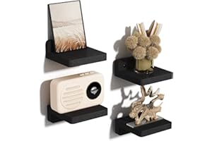 SRIWATANA Small Floating Shelves for Wall Set of 4, Decorative Wooden Shelves Wall Mounted for Bedroom, Living Room, Bathroom, Kitchen (10.2 x 10.2 x 4 cm, Black)