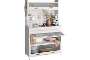 NETEL Kitchen Bakers Rack with Drawer, Kitchen Cabinets with Worktop,Power Holes and Wheels,Kitchen Dresser Cabinet,Kitchen Pantry Cupboard Free Standing,Coffee Bar Station,100×40×165cm,White