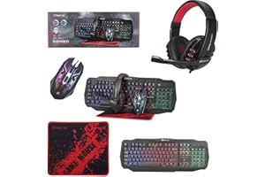 Creative Mind Gaming 104 Keys Keyboard, Rainbow Backlit, 3-Step DPI Selector Optical Mouse, Gaming Headset with Microphone and Mouse Pad For PC, Laptop, PS4, Xbox One, 4 in 1 Gift Box Edition (Black)