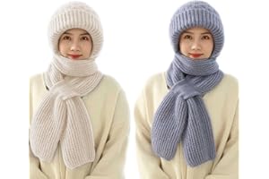 papasgix Integrated Ear Protection Windproof Cap Scarf, Women's Hat and Scarf Set for Women Knitting Thick Warm Ear Guard Hat, 2 in 1 Hooded Scarf Hat Ladies Outdoors