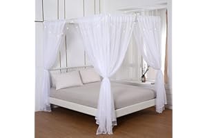 Akiky Prinzessinnen-Betthimmel-Vorhang-Set mit Sternenlicht, durchscheinender Vorhang für King-Size-Bett, 8 Paneele (King-Size, weiß)