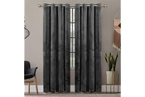 Oxford Homeware Blackout Curtains for Bedroom – Grey 66x90 Super Soft Crushed Velvet Curtains Ring Top - Thermal Insulated Curtains + 2 Tie Backs (168cm x 228cm)
