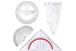 MUYAPAY 4 pièces Ensemble de Géométrie,Equerre de Géométrie,Rapporteur,Demi-cercle Rapporteur, Triangle Rapporteur,Gabarit de parabole, pour Les élèves Dessins Techniques