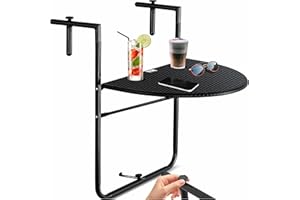 KESSER® - Mesa Colgante de balcón Plegable para barandilla de balcón, Ajustable en 3 Alturas, Resistente a la Intemperie, 2 Espacios para Bebidas (Ancho x Profundidad): 62 x 60 cm, Color Negro