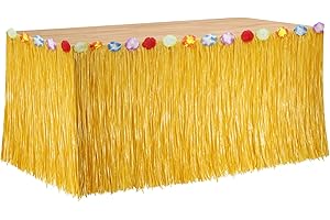 PIXHOTUL Luau Grass Table Skirt, Hawaiian Party Decorations Hawaiian Table Skirt 75 x 275 cm with Hibiscus Flowers Straw Yellow Party Skirt for Luau Party Hawaiian Theme Party