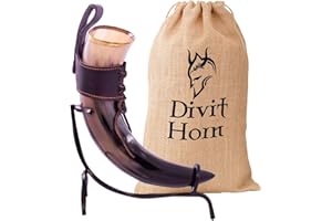 DIVIT HORN Divit - Cuerno para Beber con Soporte de Hierro, auténtico Cuerno Medieval para Beber Cerveza | Adornos de latón y Saco de Regalo de arpillera Incluido | Capacidad de 16 oz (400-500 ml)