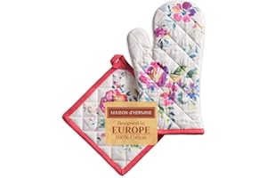 Maison d' Hermine Rose Garden Ensemble de Gants de Four de (19cm x 33cm) et maniques de (20cm x 20cm), 100% Coton, pour Barbecue, Cuisson, Four, Micro-Ondes, grillades, Printemps/été, Pâques