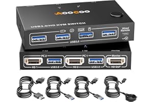 AOOCOO Switch KVM HDMI 4K@60Hz, KVM Switch per 2 PC e 1 monitor con simulatore EDID, 4 porte USB 3.0, telecomando via cavo, cavo USB 3.0 incluso
