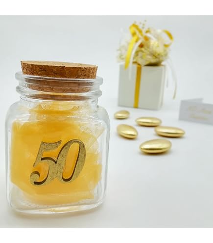DLM34139 (Kit 6 Pezzi) Barattolo Quadrato in Vetro con Cuore Cuore FEDI 50 Anniversario d'oro Cinquantesimo e Coppia Sposi Sposini Portaconfetti Segnaposto bomboniera