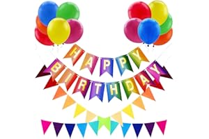 IGONE Rainbow Happy Birthday Banner & Bunting Felt Pennant Hanging Banners Party Decorations Set for Women Boys and Girls with 12 Rainbow Latex Balloons Perfect for Indoor and outdoor Birthday Parties