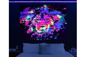 HOLAVIDA Lion Tapestry UV Reactive Abstract Fluorescent Wall Hanging Colorful Bedroom Dorm Decor(150cm×130cm)