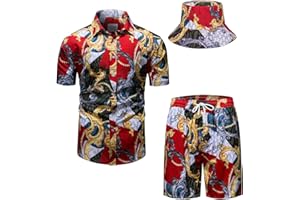 fohemr Herren barock 2-Teiliges Outfit Golden Chain Muster Hemd shorts mit Eimerhut Freizeitanzug Sommer Urlaub Strand set