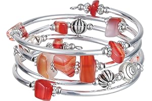 FULU AUTUMN Silver Beaded Bangle Bracelet for Women Handmade Boho Stacking Wrap Bracelet with Crystal Beads Costume Fashion Jewellery Gifts