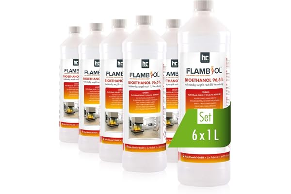 Höfer Chemie Bioéthanol 96,6% Premium 6 x 1 L - pour Cheminée de Table, Cheminée & déco de Jardin - sans Fumée ni suie - A Base de maïs & de Betteraves