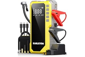 Karlxtom Booster Batterie Voiture avec 190 PSI Gonfleur, 12V Booster Voiture Puissant(Tous Gaz ou 10L Diesel), Écran LCD, 500LM Eclairage de Secours, Banque d'alimentation
