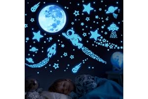 ECHOCUBE 1503pz Stelle Fluorescenti Adesive Soffitto, Luna e Astronauti Adesivi luminescenti, Stelle luminose Adesivi murali per la decorazione della stanza dei bambini (Blu)