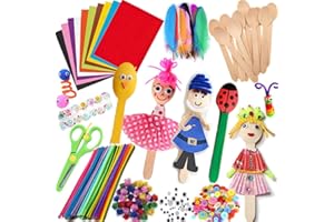 RICHMOHO Kid Crafting Supplies Kits Including Wooden Spoons, Pipe Cleaners, Felts, Self-Adhesive Wiggle Eyes, FeatherS, Origami Papers, Glitter Pom Poms, Buttons and Rhinestones for Kids Art Craft activity