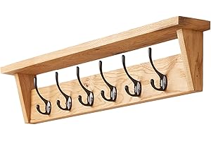 Fox and Grain Solid Oak Coat Rack (6 Hooks) | Wall Mounted Coat Hooks with Shelf for Display/Storage | Wooden Stylish & Versatile Hallway Decor | Heavy Duty Double Hooks | Handcrafted in The UK