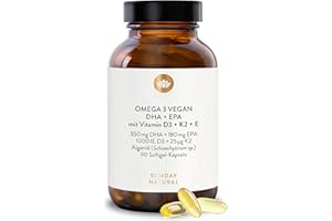 ‎SUNDAY NATURAL SUNDAY NATURAL® D3 K2 Omega 3 Vegan – Premium K2 MK7 99,8% All-Trans 25µg, 1000mg Algenöl DHA + EPA, 1.000IE Vitamin D3 pro Kapsel – 90 Softgel Kapseln hochdosiert – Laborgeprüft