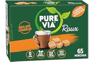 Pure Via - Roux - Boîte de 65 Morceaux - Faible teneur en calorie, Zéro Sucre - Alternative d'Origine Naturelle au Sucre Roux | 130g