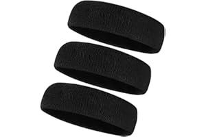 HIOIP 3 Pcs Head Sweat Bands for Men Women Sports Sweat Headbands Elastic Soft Cotton Absorbent Towelling Sweatbands for Gym Exercise Fitness Tennis Running Basketball Football (Black)