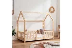 [en.casa] Letto Casetta per Cameretta Letto Singolo per Bambini con Barriere di Protezione Struttura in Legno di Pino con Zona di Riposo 70x140 cm Naturale